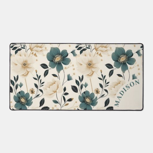 Beige en blauwe bloemen bureaumat (Voorkant)