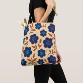 Beige en Blauwe Bloemen Canvas tas (Dichtbij)