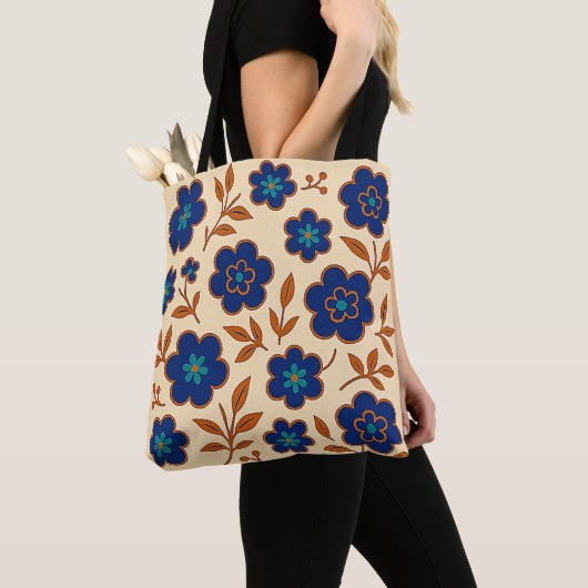 Beige en Blauwe Bloemen Canvas tas (Dichtbij)
