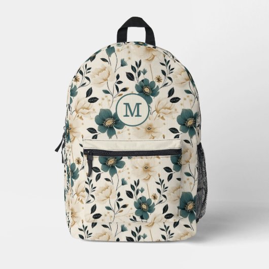 Beige en blauwe bloemen patroon bedrukte rugzak (Voorkant)