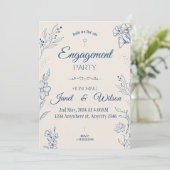 Beige en Blauwe Bloemen Verlovingsfeestuitnodiging Kaart (Staand voorkant)