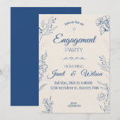Beige en Blauwe Bloemen Verlovingsfeestuitnodiging Kaart (Voorkant / Achterkant)
