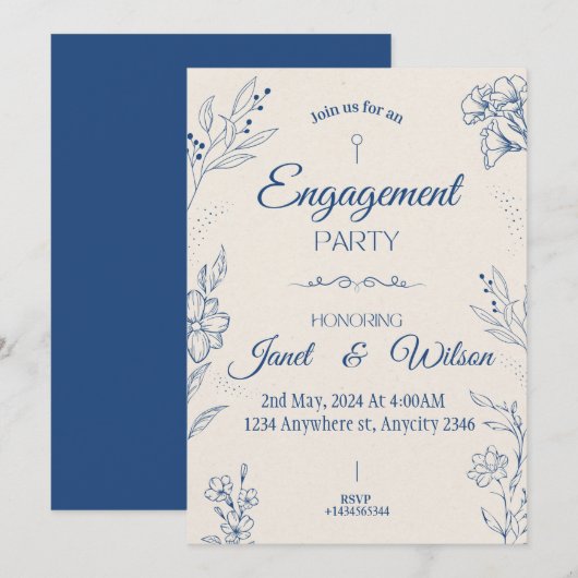 Beige en Blauwe Bloemen Verlovingsfeestuitnodiging Kaart (Voorkant / Achterkant)