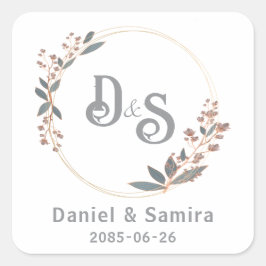 Beige en Blauwe Bloemige Aangepaste Naam Elegant Vierkante Sticker