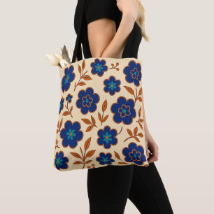Beige en Blauwe Boho Bloemtas Tote Bag