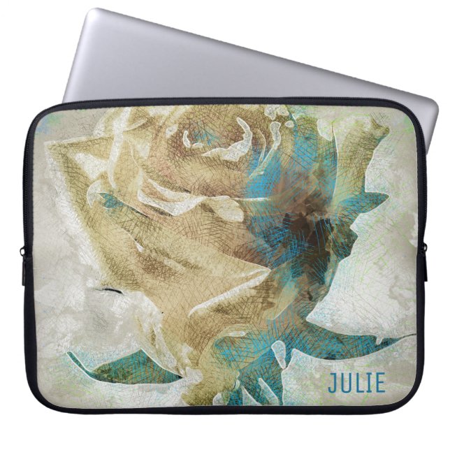 Beige en blauwe Roos Laptop Sleeve (Voorkant)