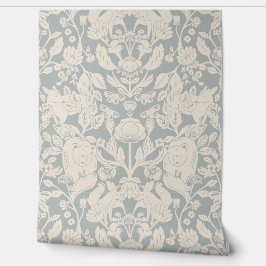 Beige en Blauwe Woodland Block Print Damask Behang