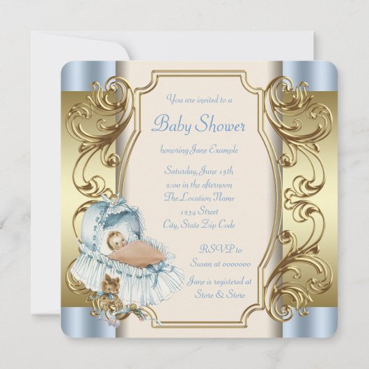Beige en Blue Baby Shower Kaart (Achterkant)