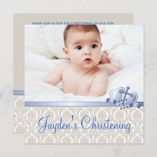 Beige en Blue Damask Boys Fotodoop Kaart (Voorkant / Achterkant)