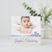 Beige en Blue Damask Boys Fotodoop Kaart (Staand voorkant)