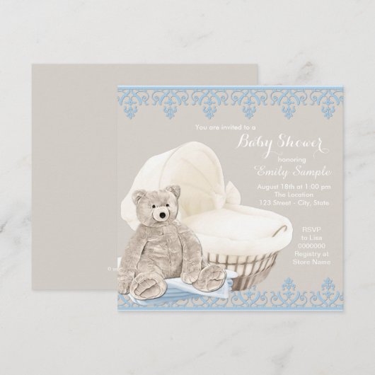 Beige en Blue Teddy Bear Baby shower Kaart (Voorkant / Achterkant)