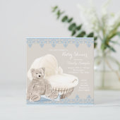 Beige en Blue Teddy Bear Baby shower Kaart (Staand voorkant)