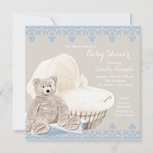 Beige en Blue Teddy Bear Baby shower Kaart (Voorkant)