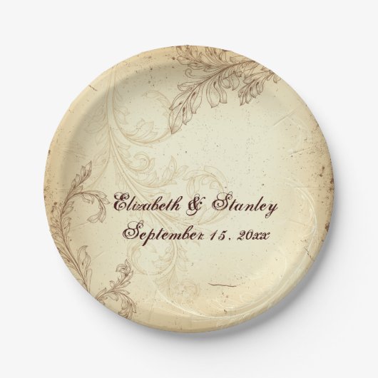  beige en bruin blad bruiloft papieren bordje (Voorkant)