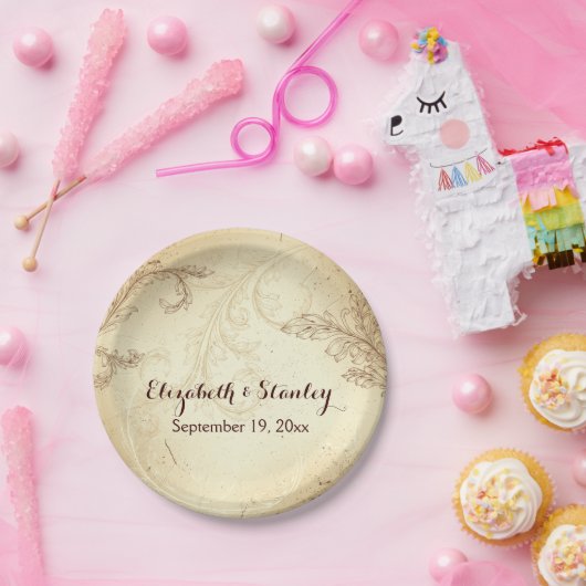  beige en bruin blad bruiloft papieren bordje (Feest)