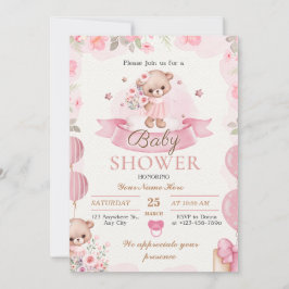 Beige en Bruine Bloemen Baby Meisje Douche Uitnodi Kaart