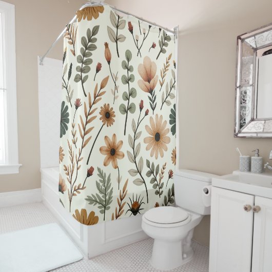 Beige en bruine Boho bloemen Douchegordijn (In situ)