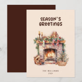 Beige en bruine kerstkaart met open haard (Voorkant / Achterkant)