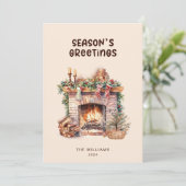 Beige en bruine kerstkaart met open haard (Staand voorkant)