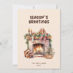 Beige en bruine kerstkaart met open haard