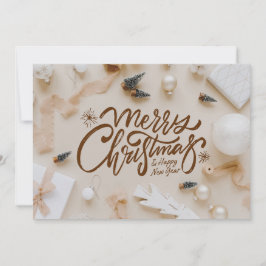 Beige en bruine minimalistische kerst en nieuwjaar feestdagenkaart