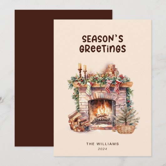 Beige en bruine open haard Flat Holiday Kaart (Voorkant / Achterkant)