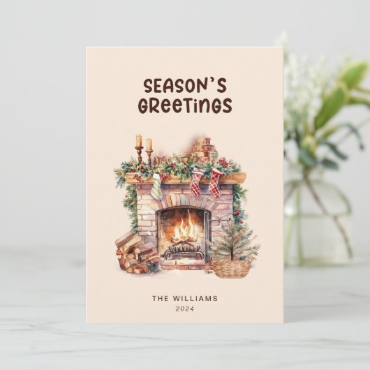 Beige en bruine open haard Flat Holiday Kaart (Staand voorkant)