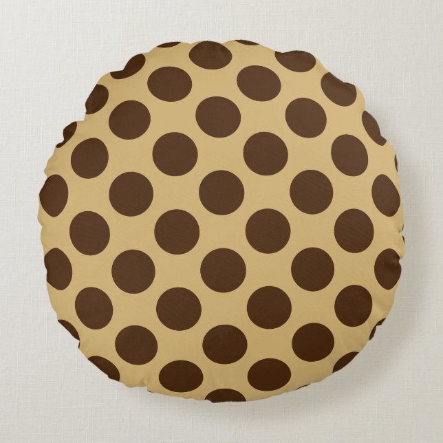 Beige en bruine polka stippen rond kussen (Voorkant)