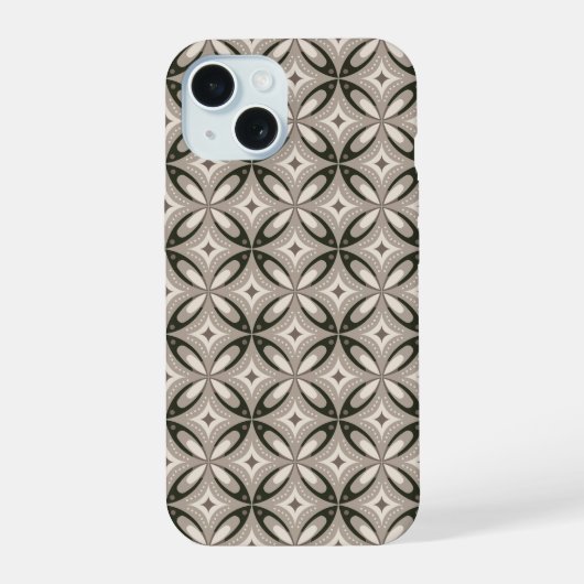 Beige en bruine retro cirkelvormen iPhone 15 case (Achterkant)
