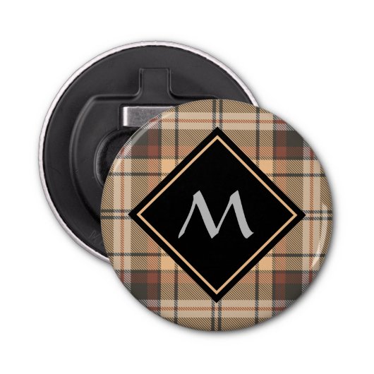 Beige en bruine Tartan Button Flesopener (Voorkant)