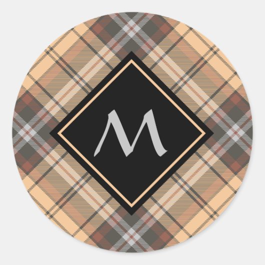 Beige en bruine Tartan Ronde Sticker (Voorkant)
