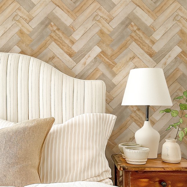 Beige en Crème Marmer Haringgraat Chevron Behang (Creator heeft geüpload)