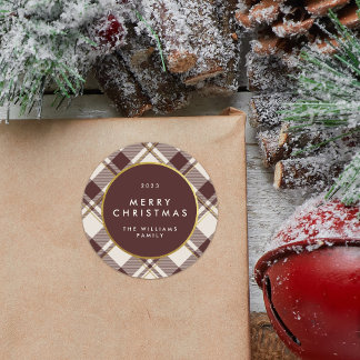 Beige en donkerrode tartan geruite Kerstmis Pretti Ronde Sticker