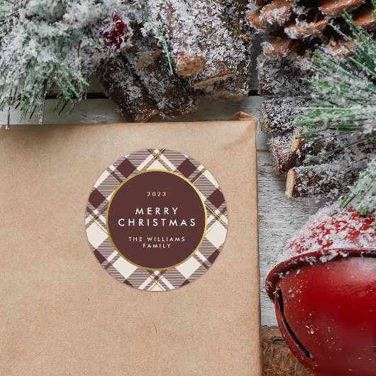 Beige en donkerrode tartan geruite Kerstmis Wensen Ronde Sticker