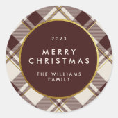 Beige en donkerrode tartan geruite Kerstmis Wensen Ronde Sticker (Voorkant)