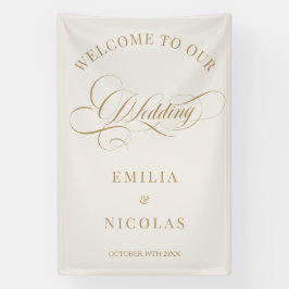 Beige en gouden klassiek huwelijks welkomstbord spandoek