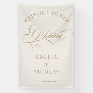 Beige en gouden klassiek huwelijks welkomstbord spandoek