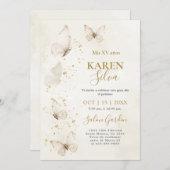 Beige en gouden vlinders Quinceañera Uitnodiging (Voorkant / Achterkant)