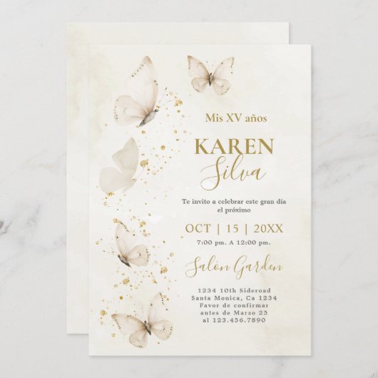 Beige en gouden vlinders Quinceañera Uitnodiging (Voorkant / Achterkant)