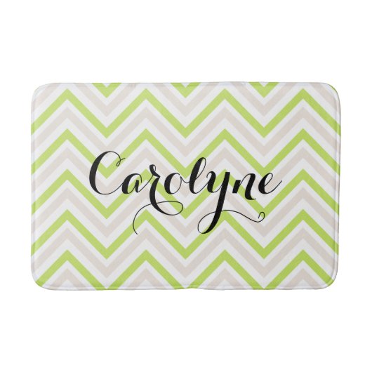 Beige en groene dunne Chevron Patroon Gepersonalis Badmat (Voorkant)