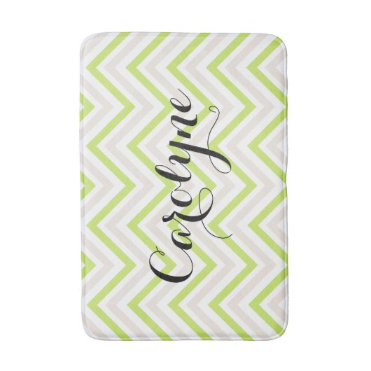 Beige en groene dunne Chevron Patroon Gepersonalis Badmat (Voorkant Verticaal)
