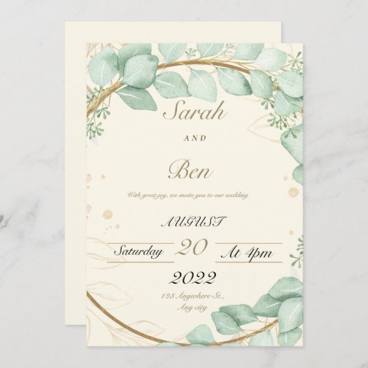 Beige en groene trouw uitnodiging (Voorkant / Achterkant)