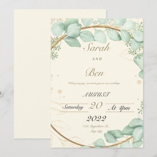 Beige en groene trouwuitnodiging kaart (Voorkant / Achterkant)