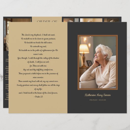 Beige en houtskool 4-pagina begrafenisprogramma (Voorkant / Achterkant)