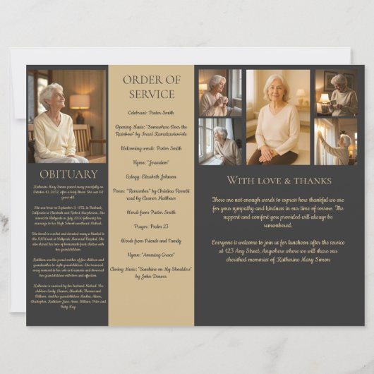 Beige en houtskool 4-pagina begrafenisprogramma (Achterkant)