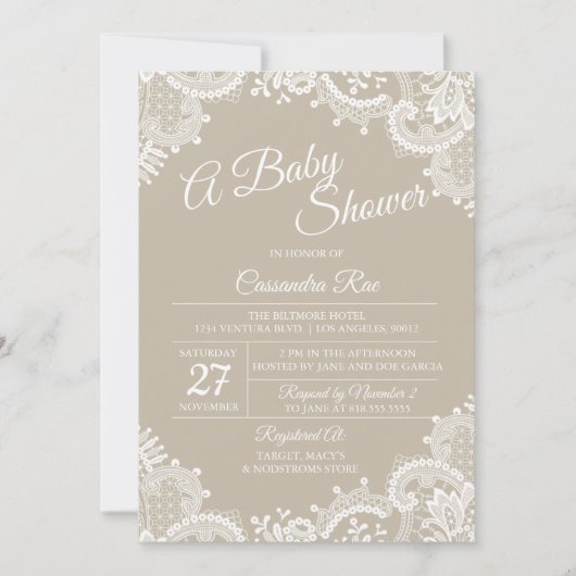 Beige en Lace Baby shower Invitation Kaart (Voorkant)