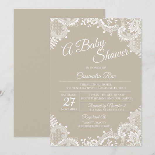 Beige en Lace Baby shower Invitation Kaart (Voorkant / Achterkant)