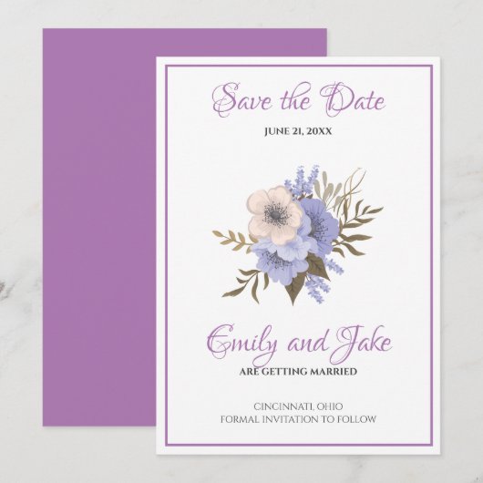 Beige en lavender Flowers Save The Date (Voorkant / Achterkant)