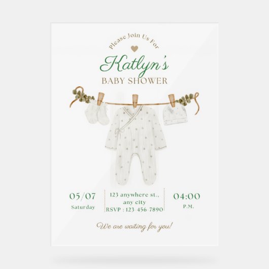 Beige en lichtgroene Baby shower uitnodiging Acryl Bord (Voorkant)