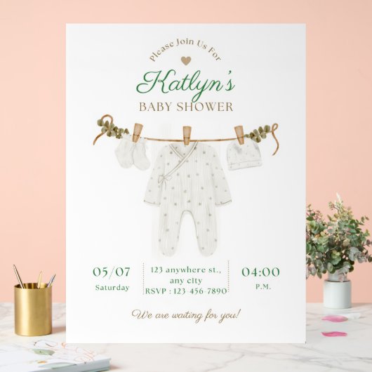 Beige en lichtgroene Baby shower uitnodiging Acryl Bord (Huwelijk)